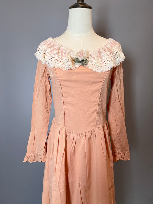 Pink Regency Era Dress with Lace - Pink Maxi Dress with Long Sleeves and Flower Accessories- Regency Dress Plus Size